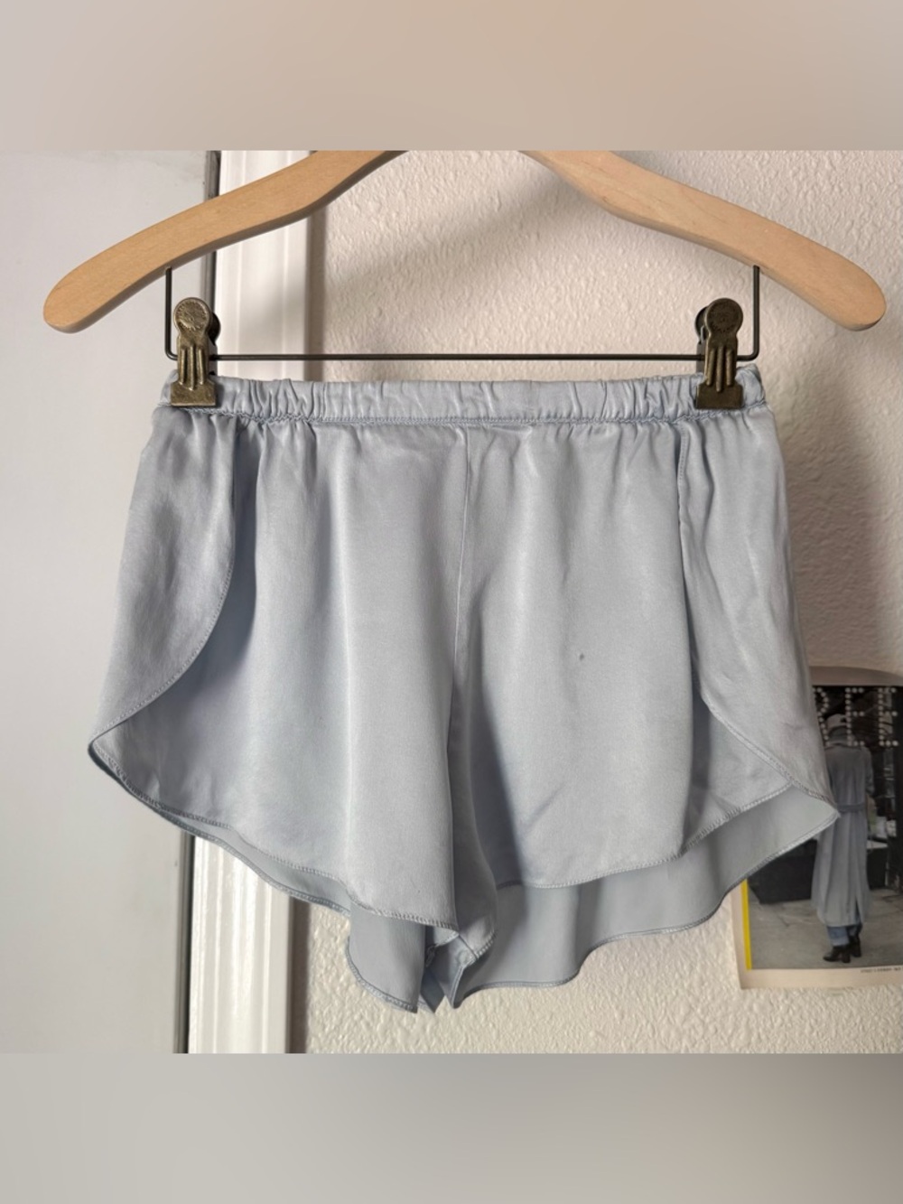 LUNYA dusty blue silk washable tulip hem high rise pajama pj‎ sleep shorts